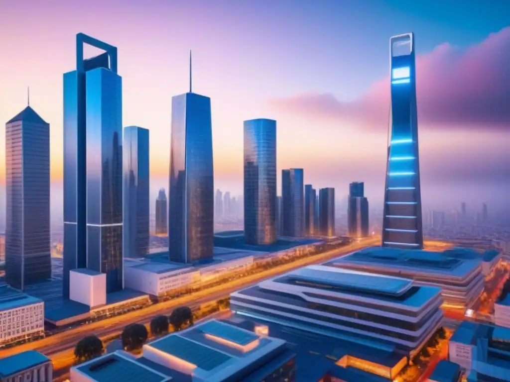 Metrópolis futurista: rascacielos blockchain al anochecer Impresionante ciudad futurista al anochecer con patrones inspirados en blockchain en sus rascacielos
