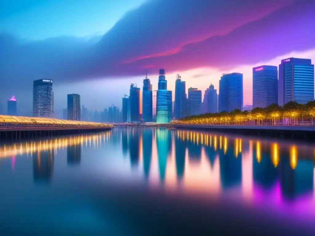 Metrópolis futurista: luces neón en río al atardecer Impresionante ciudad futurista con rascacielos iluminados y tecnología avanzada