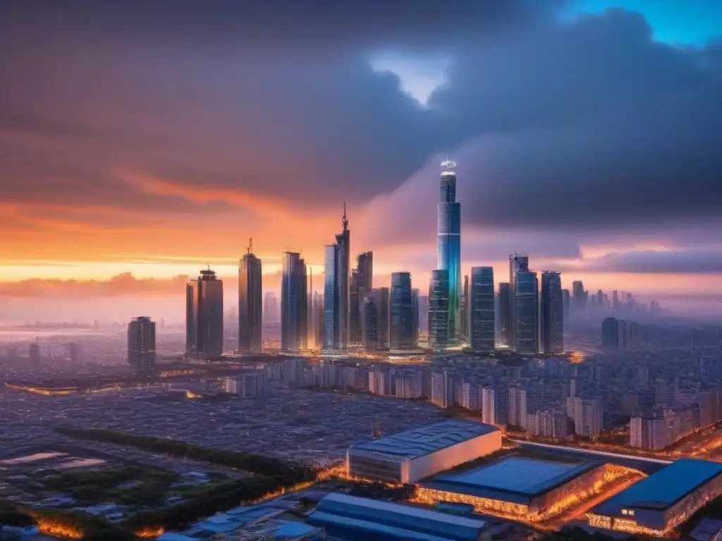 Horizonte futurista: innovación y gestión de riesgos en restauración urbana Impresionante ciudad futurista con rascacielos frente a un atardecer, simbolizando la Gestión de riesgos en restauración