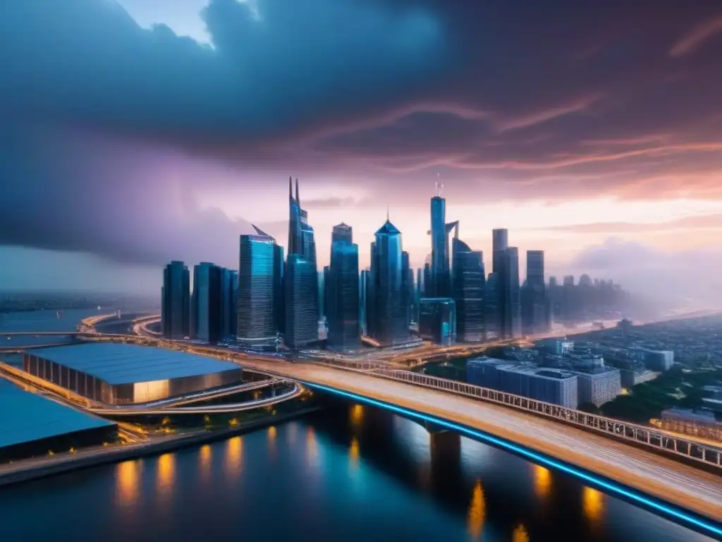 Metrópolis futurista en peligro: desafíos de infraestructura en la tormenta Impresionante ciudad futurista al anochecer con rascacielos relucientes y redes de carreteras iluminadas, bajo un cielo tormentoso