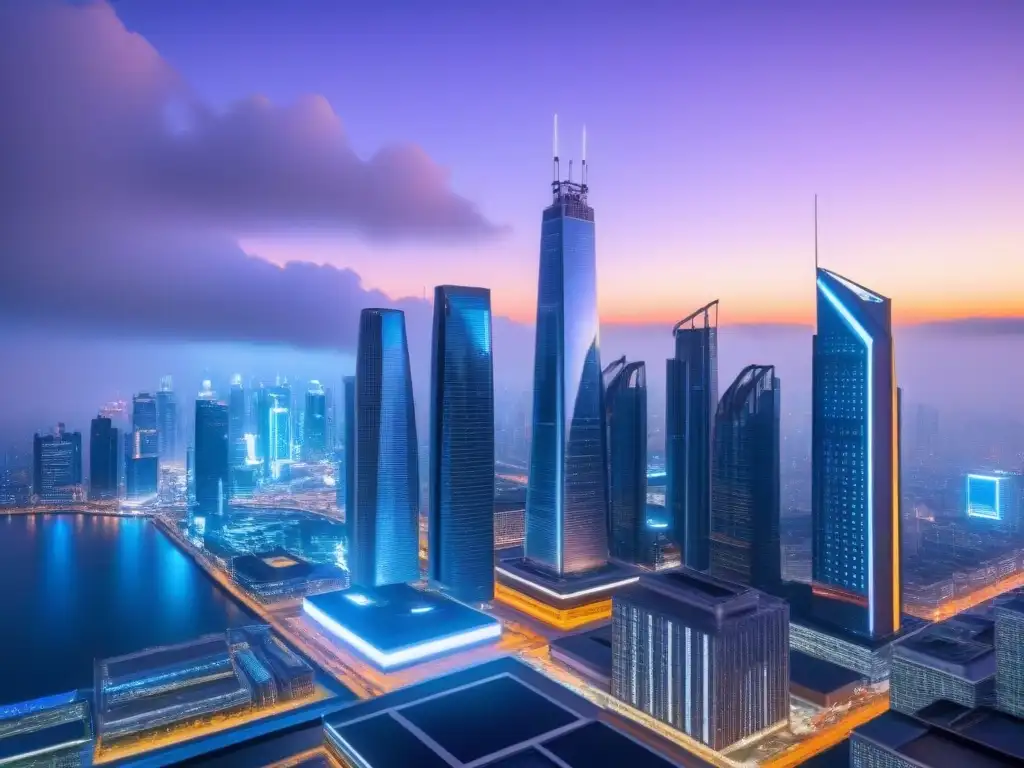 Metrópolis futurista: seguro comercial y tecnología Impresionante ciudad futurista al anochecer, con rascacielos y drones, destaca la importancia de Seguros propiedades comerciales