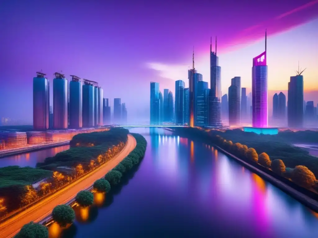 Horizonte futurista: ciudad en 8k con luces neón Impresionante ciudad futurista con rascacielos iluminados y avanzados sistemas de transporte, reflejando el análisis tendencias mercado inmobiliario