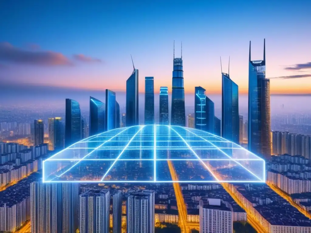 Metropolis blockchain: real estate del futuro Impresionante ciudad futurista con rascacielos conectados mostrando Blockchain en mercado inmobiliario