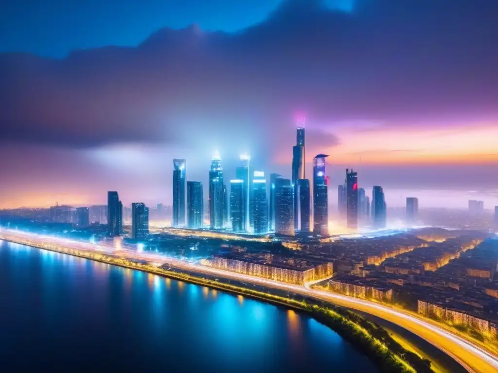 Ciudad Futurista: Innovación en Urbanismo nocturno Impresionante ciudad futurista con rascacielos modernos iluminados de noche, reflejando innovación y análisis demográfico inversión inmobiliaria