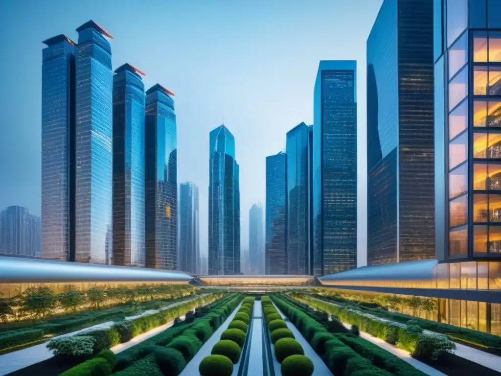 Impresionante ciudad futurista con rascacielos de vidrio y acero reflejando luces nocturnas, rodeada de naturaleza