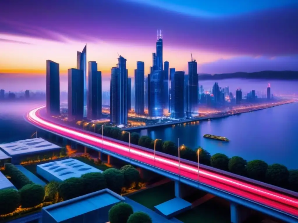 Metrópolis futurista: luces neón y progreso inmobiliario Impresionante ciudad futurista al anochecer, con rascacielos iluminados por luces neón, reflejando innovación y progreso en el mercado inmobiliario