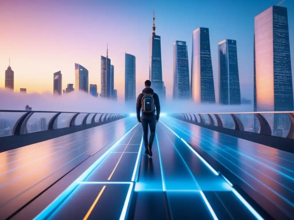 Metrópolis futurista con blockchain en real estate Impresionante ciudad futurista con rascacielos conectados por tecnología blockchain financiamiento inmobiliario