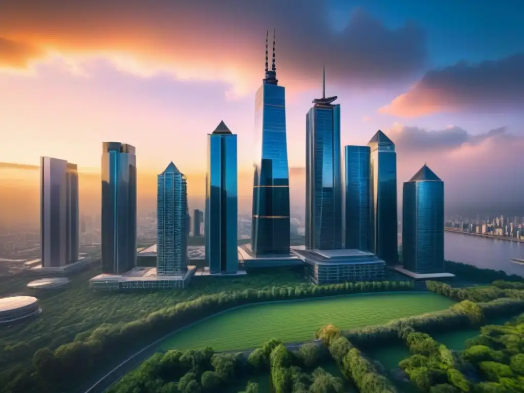 Metrópolis futurista: inversión inmobiliaria y prosperidad Impresionante ciudad futurista con rascacielos, naturaleza y modernidad