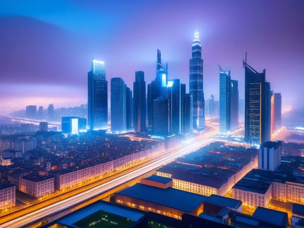 Metrópolis futurista al anochecer: luces y modernidad Impresionante ciudad futurista al anochecer con rascacielos relucientes y luces vibrantes, evocando modernidad y prosperidad financiera