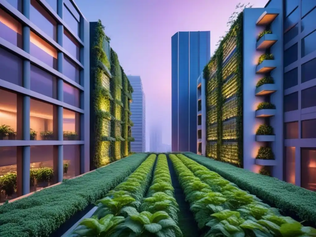 Metrópolis futurista: rascacielos verdes en atardecer Impresionante ciudad futurista con rascacielos verdes y jardines verticales, transmitiendo innovación y planificación urbana sostenible