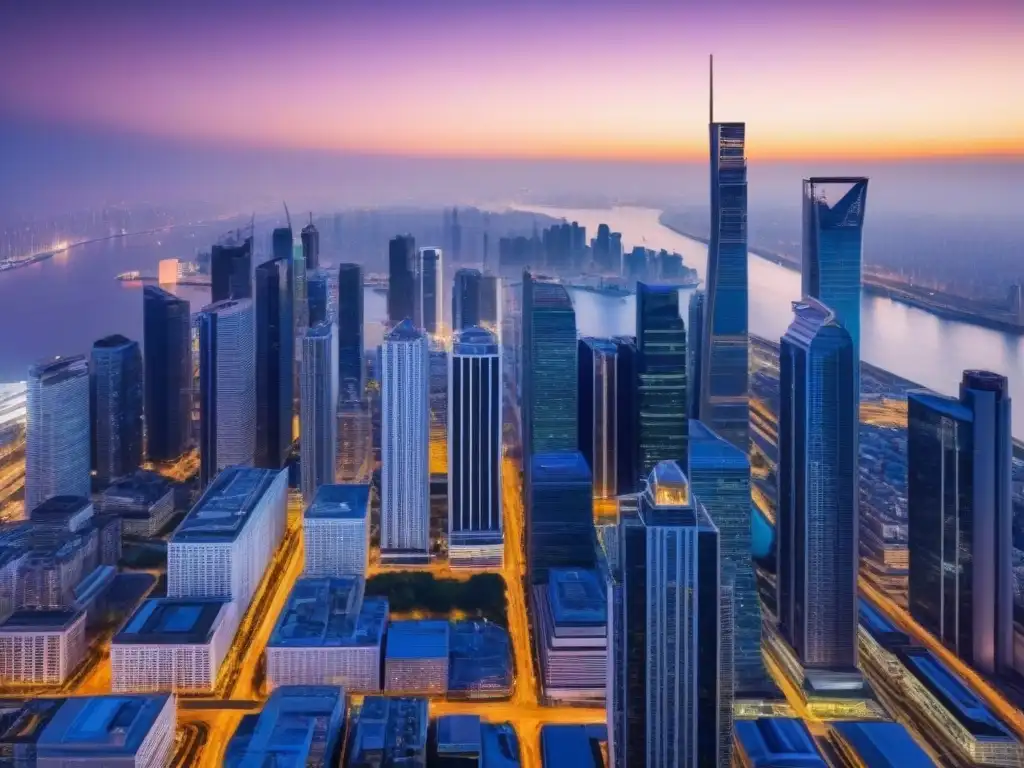 Metrópolis global: impacto de impuestos en transacciones inmobiliarias Impresionante ciudad global con rascacielos, reflejo de impuestos transacciones inmobiliarias internacionales