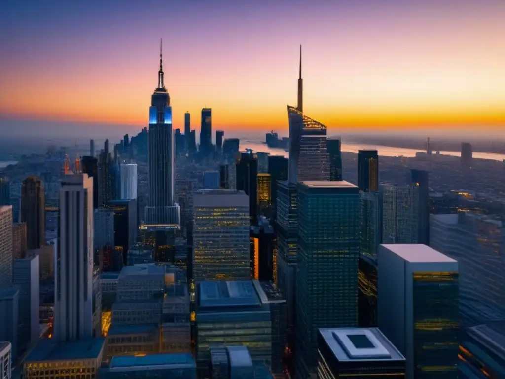Influencia del banco central en el mercado inmobiliario Impresionante ciudad moderna al atardecer con rascacielos y el banco central