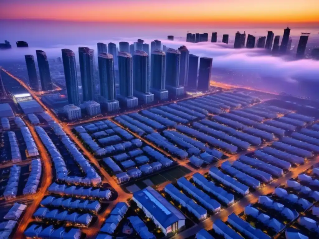 Paisaje urbano: arquitectura moderna y estacionamientos integrados Impresionante ciudad moderna al atardecer con altos edificios y estacionamientos integrados, reflejando el impacto en la valoración de propiedades