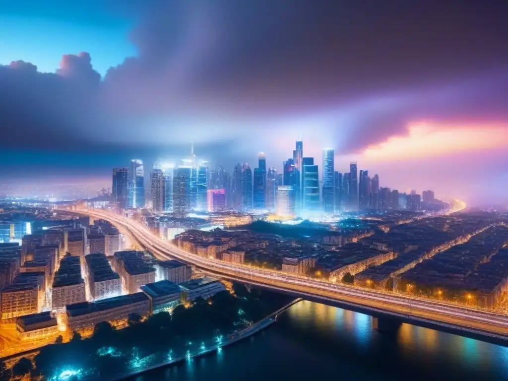 Metrópolis nocturna: skyline moderno en vibrante 8k Impresionante ciudad nocturna con rascacielos iluminados por luces vibrantes