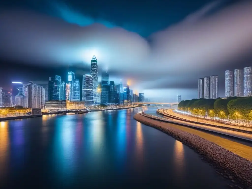 Metrópolis nocturna: skyline futurista en 8k Impresionante ciudad nocturna con rascacielos iluminados y Big Data en mercado inmobiliario
