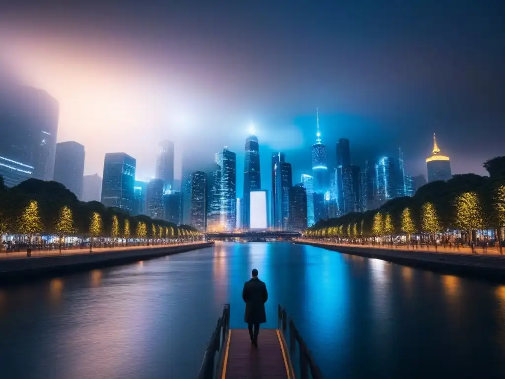 Espectacular ciudad nocturna: luces y modernidad en 8k Impresionante ciudad nocturna con rascacielos iluminados reflejándose en el río, mostrando innovación y sofisticación