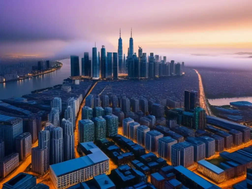Metrópolis iluminada: luces y sombras en la economía global Impresionante ciudad al anochecer con rascacielos iluminados y río sereno, reflejando la influencia de crisis económicas en propiedades inmobiliarias