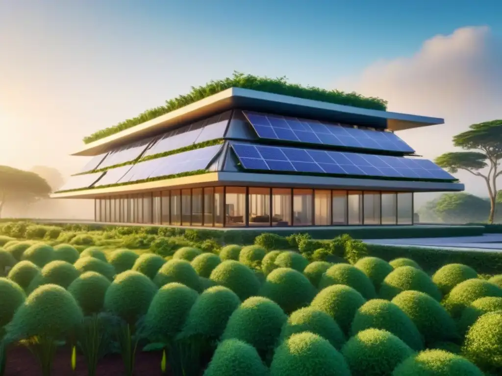Complejo sostenible futurista con paneles solares y tecnología verde Impresionante complejo arquitectónico sostenible fusionando naturaleza y tecnología