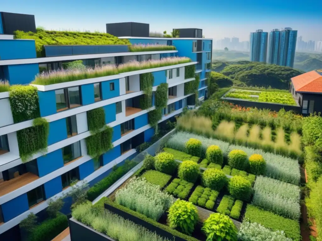 Desarrollo sostenible: arquitectura eco en armonía con la naturaleza Un impresionante desarrollo inmobiliario con paisajismo sostenible y arquitectura moderna integrada en exuberante vegetación