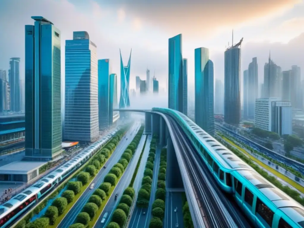 Metrópolis futurista: ciudad 8k vibrante y sostenible Impresionante desarrollo urbano para combatir sobrepoblación en una ciudad moderna y vibrante