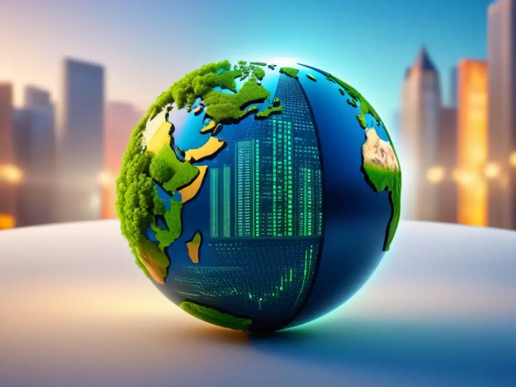 Mercado inmobiliario global: edificios conectados y gráficos financieros Un impresionante diseño digital representa el mercado inmobiliario internacional con edificios interconectados y gráficos de mercado