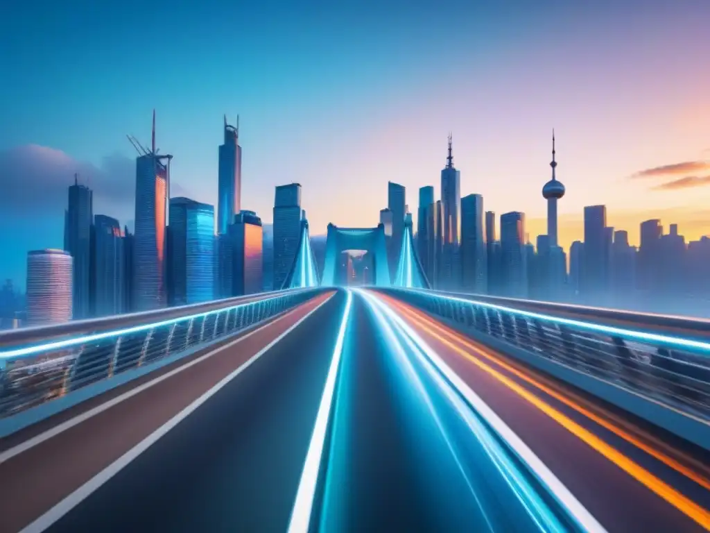 Puente futurista: diseño innovador en una ciudad vibrante Impresionante diseño futurista de puente con materiales innovadores y líneas curvas, iluminado por el sol, en una ciudad bulliciosa