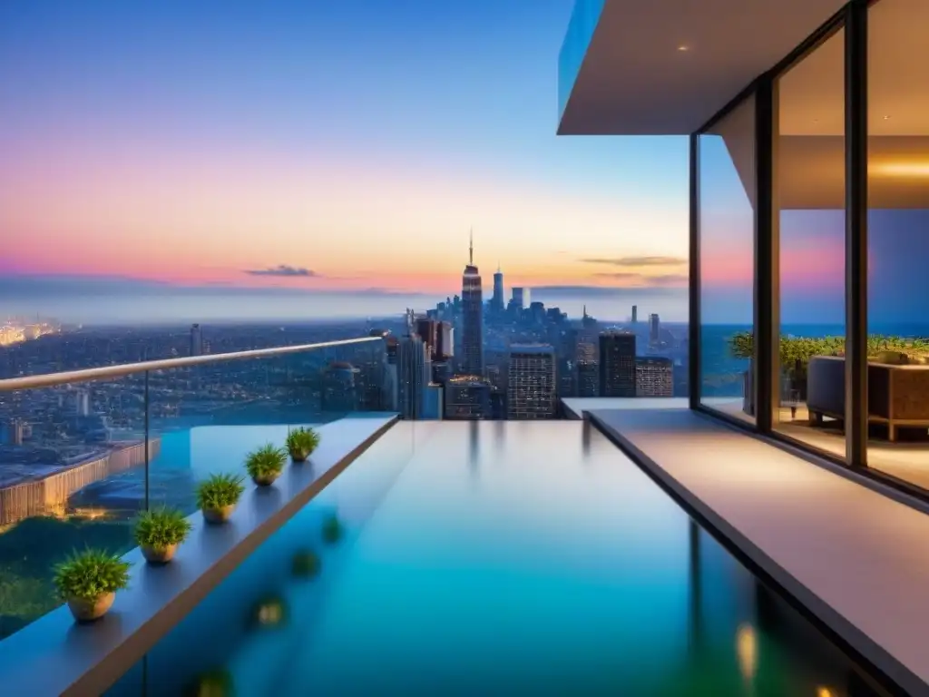 Edificio de lujo con vistas a la ciudad al atardecer Impresionante edificio de condominios con diseño moderno y lujoso, reflejando un vibrante horizonte urbano al atardecer