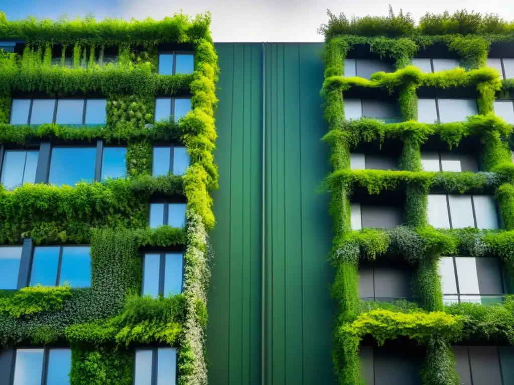 Edificio moderno con jardines verticales vibrantes Un impresionante edificio cubierto de jardines verticales verdes vibrantes, fusionando naturaleza y arquitectura moderna