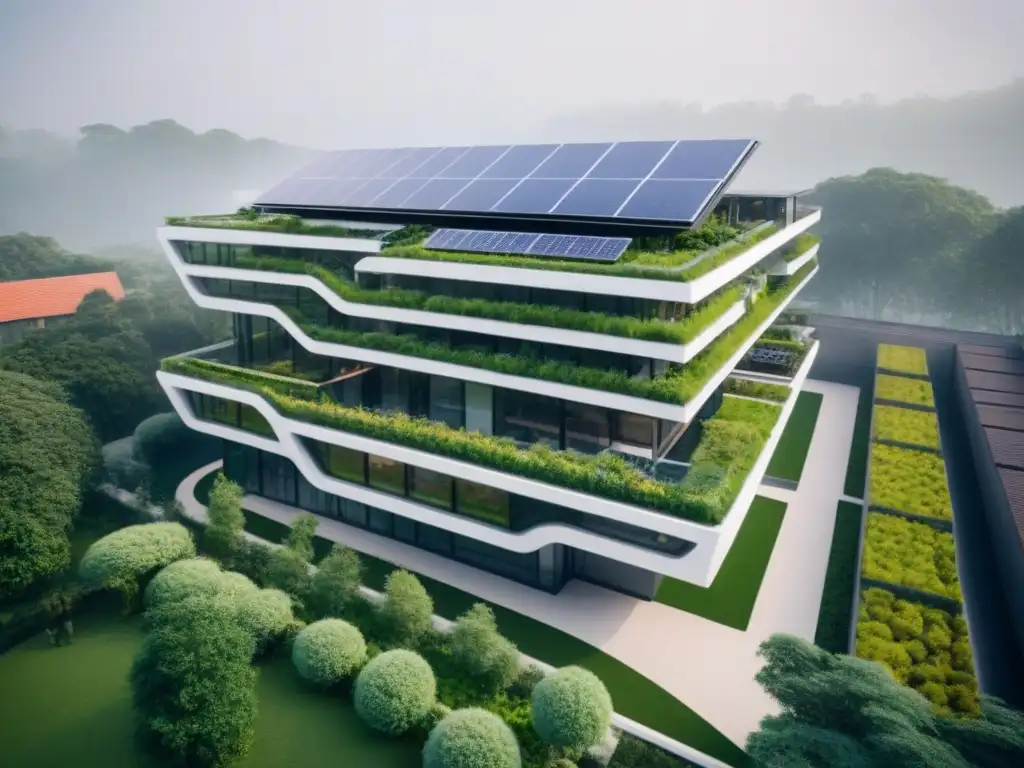 Innovación sostenible: Edificio ecológico en entorno verde Un impresionante edificio ecológico integrado en un paisaje verde, con técnicas ecoamigables en restauración