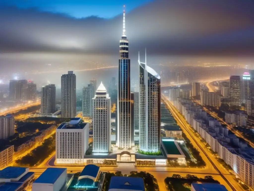 Esplendor urbano: grascioso rascacielos en la ciudad moderna Un impresionante edificio de gran altura rodeado de una bulliciosa ciudad, reflejando luces vibrantes