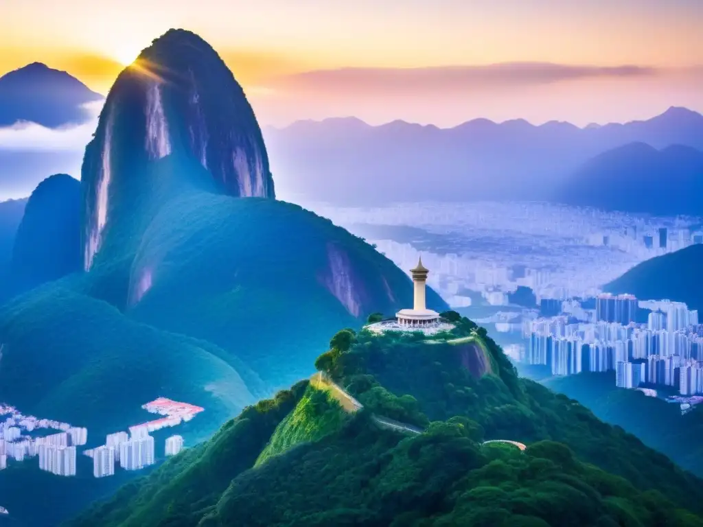 Esplendor moderno entre montañas: Rio de Janeiro al atardecer Un impresionante edificio de lujo entre montañas verdes en Río de Janeiro al atardecer
