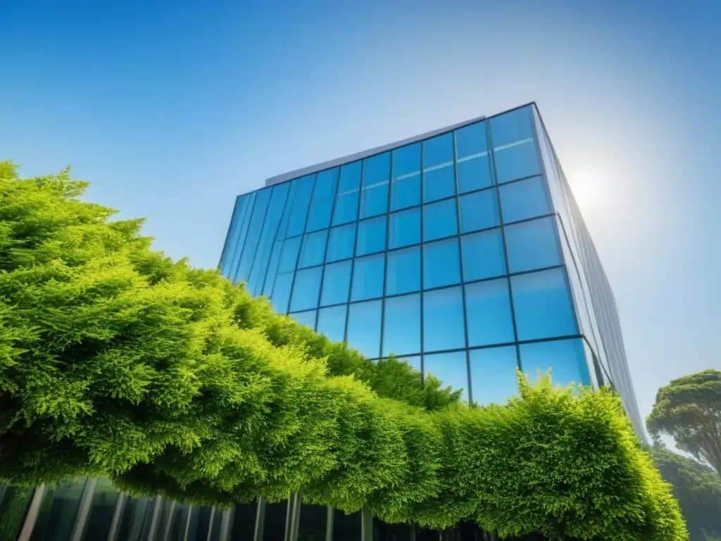 Edificio de oficinas moderno y elegante en entorno natural Un impresionante edificio de oficinas moderno rodeado de vegetación, cielo azul y con fachada de vidrio reflectante
