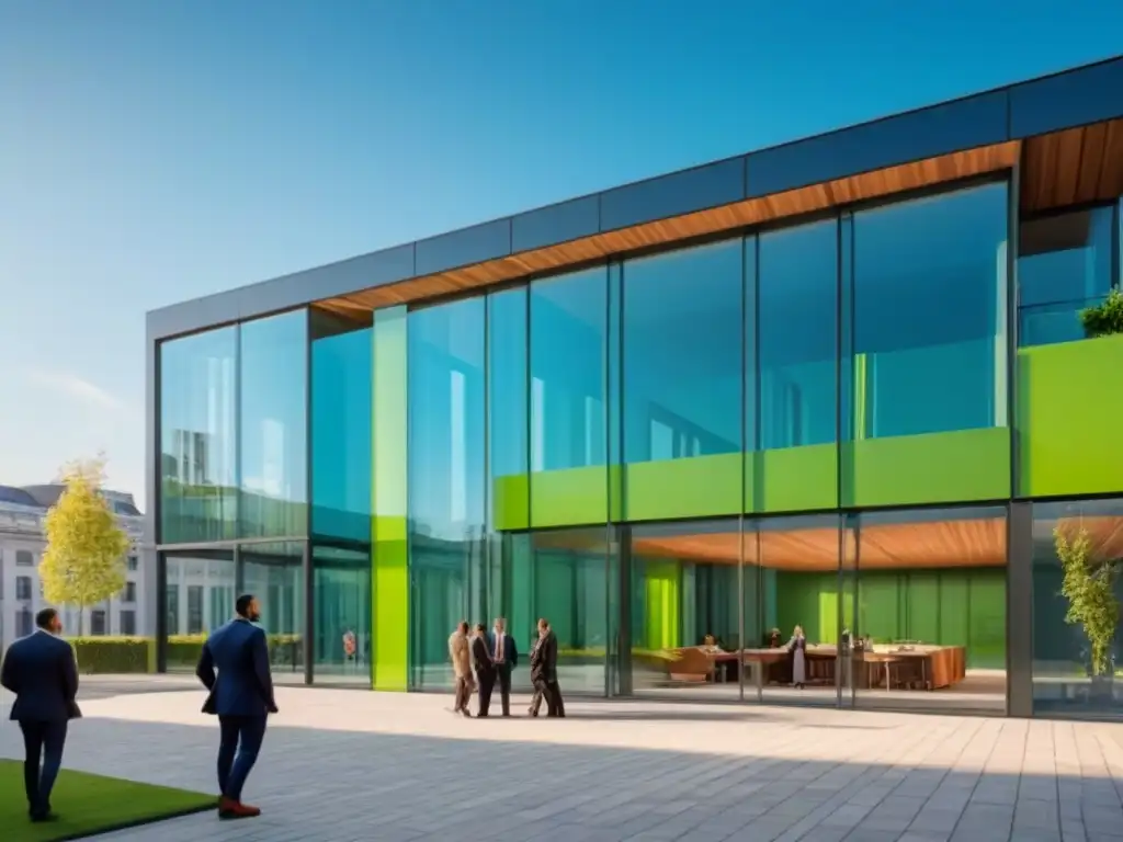 Edificio corporativo moderno con profesionales diversificados en discusión Impresionante edificio de oficinas moderno con profesionales discutiendo afuera