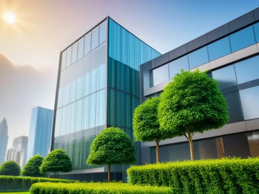 Edificio de oficinas moderno rodeado de vegetación y ciudad Un impresionante edificio de oficinas moderno rodeado de vegetación y una ciudad vibrante al fondo