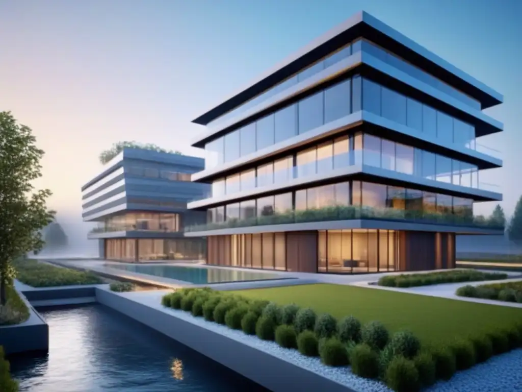 Edificio sostenible con sistema de reciclaje de agua integrado Impresionante edificio sostenible con sistema de reciclaje de agua integrado, destacando beneficios de la agua reciclada en construcción sostenible