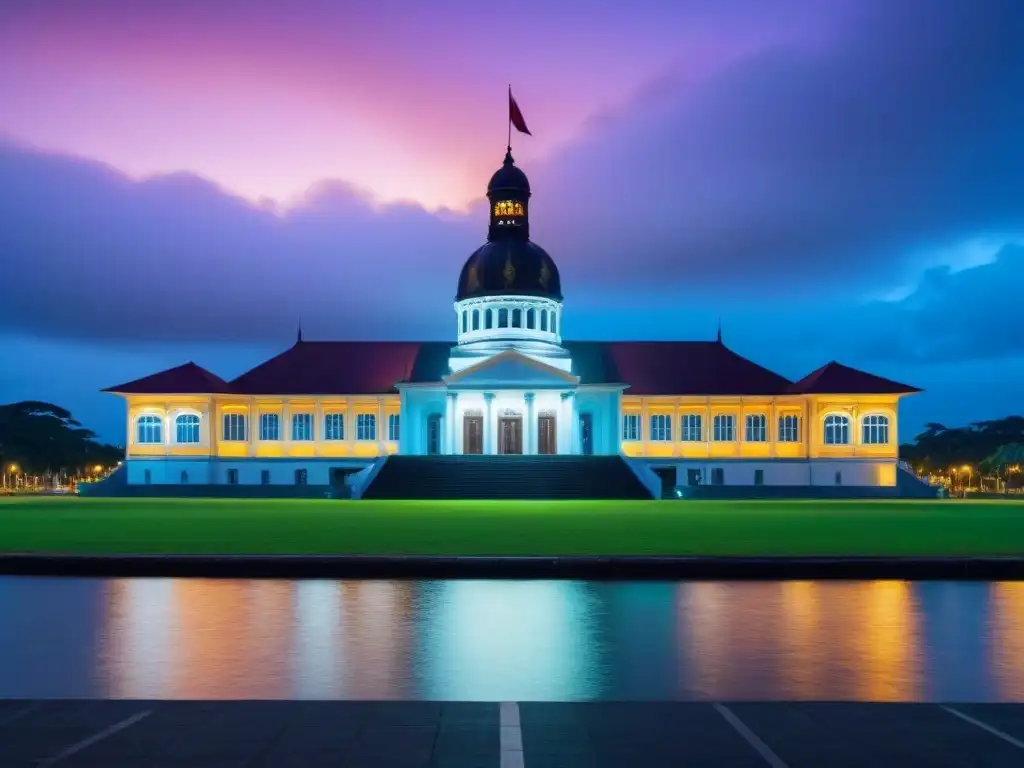 Edificio del Parlamento de Surinam: arquitectura moderna en la noche Impresionante edificio del Parlamento de Surinam iluminado de noche, reflejando modernidad y actividad urbana