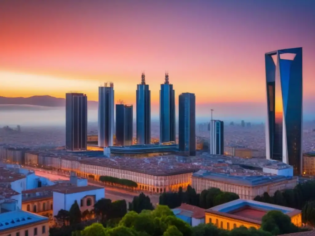Espectacular skyline de rascacielos en España al atardecer Impresionante horizonte urbano al atardecer en España, reflejado en rascacielos