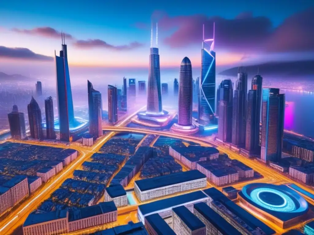 Futurista ciudad nocturna: luces neón y tecnología avanzada Impresionante imagen nocturna de una ciudad futurista con tecnología fintech