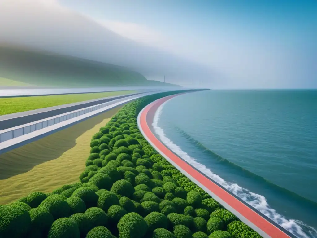 Proyecto costero futurista: adaptación y resiliencia climática Impresionante infraestructura costera prevención riesgos, ingeniería moderna y diseño avanzado
