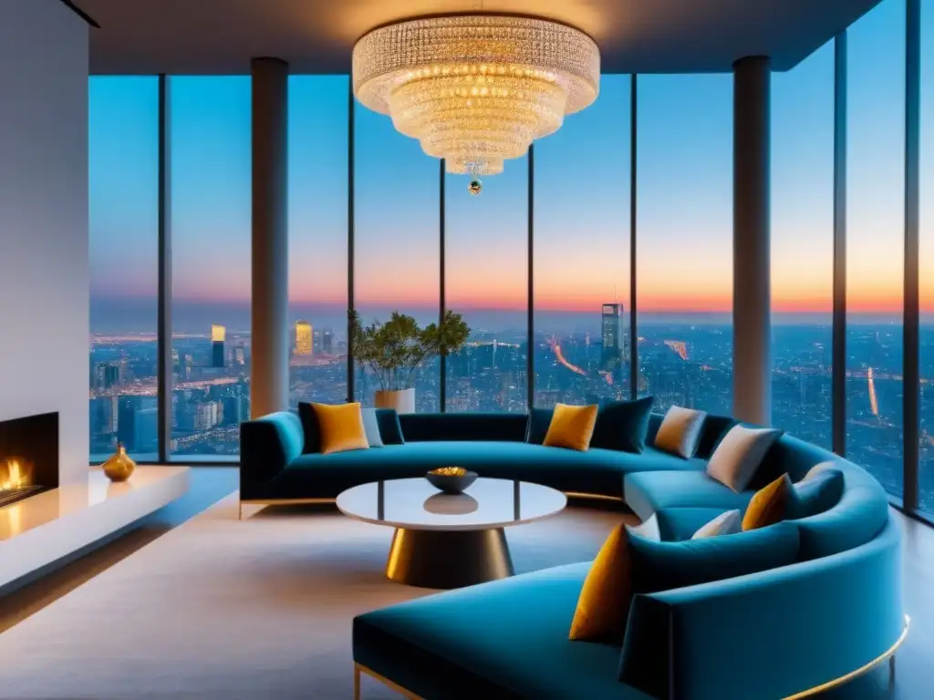 Interior de lujo moderno con vista panorámica al atardecer Impresionante fotografía inmobiliaria de alta gama de un lujoso salón con vista a la ciudad al atardecer