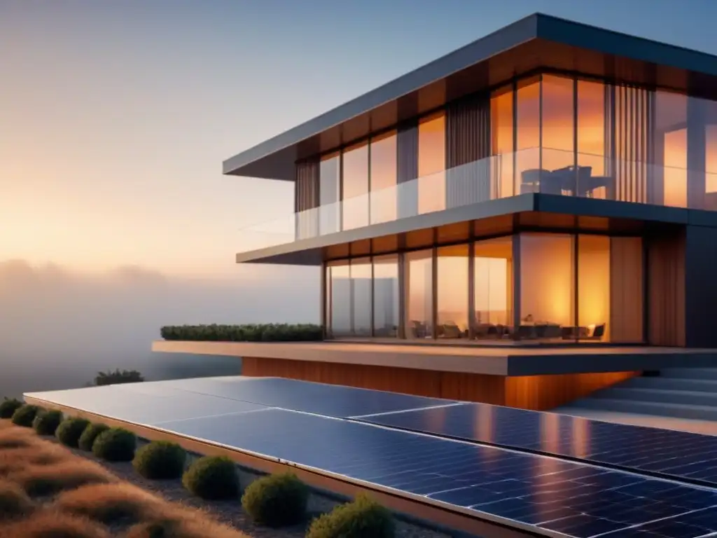 Edificio moderno con paneles solares integrados de forma elegante Impresionante integración de paneles solares en diseño arquitectónico, armonía entre tecnología y belleza