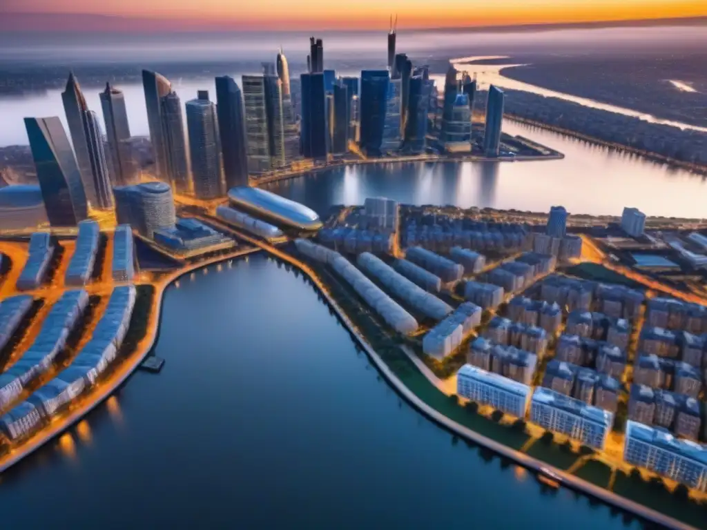 Metrópolis dorada: panorama urbano de rascacielos modernos al atardecer Un impresionante paisaje urbano al atardecer con modernos rascacielos, reflejos dorados y un río serpenteante