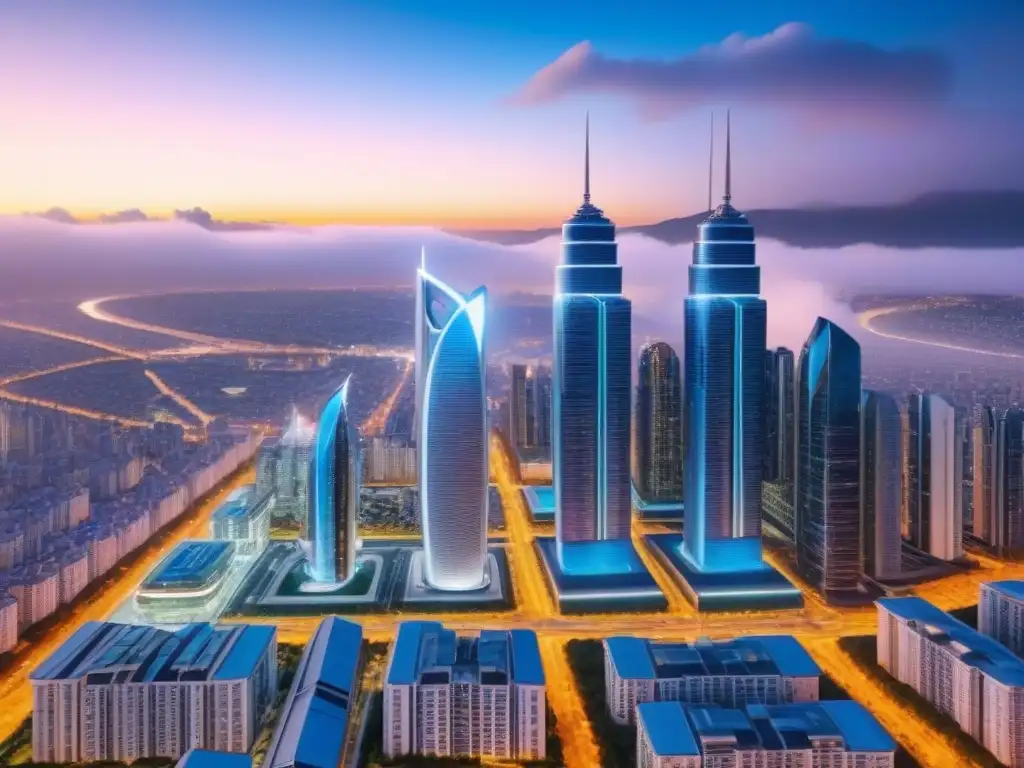 Metrópolis Futurista: Integración AI en Análisis Inmobiliario Un impresionante paisaje urbano futurista con rascacielos y drones AI, mostrando la integración de AI en el análisis de mercado inmobiliario