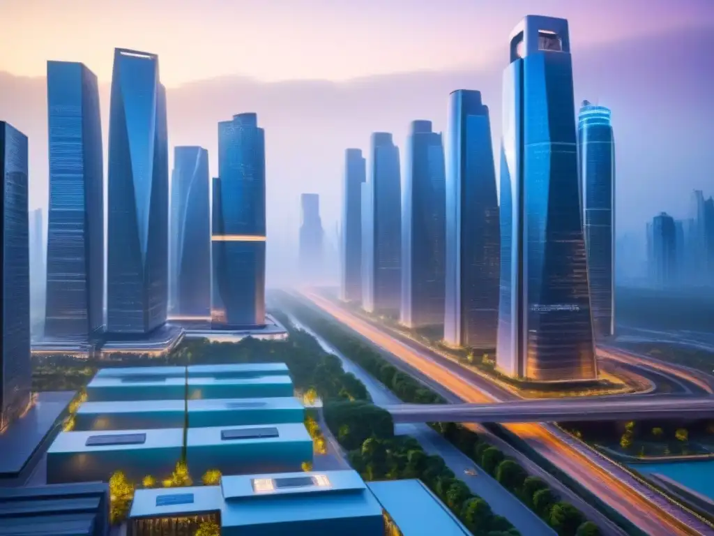 Metrópolis futurista: arquitectura inteligente y AI en acción Impresionante paisaje urbano futurista al anochecer con tecnología IA en desarrollo urbano