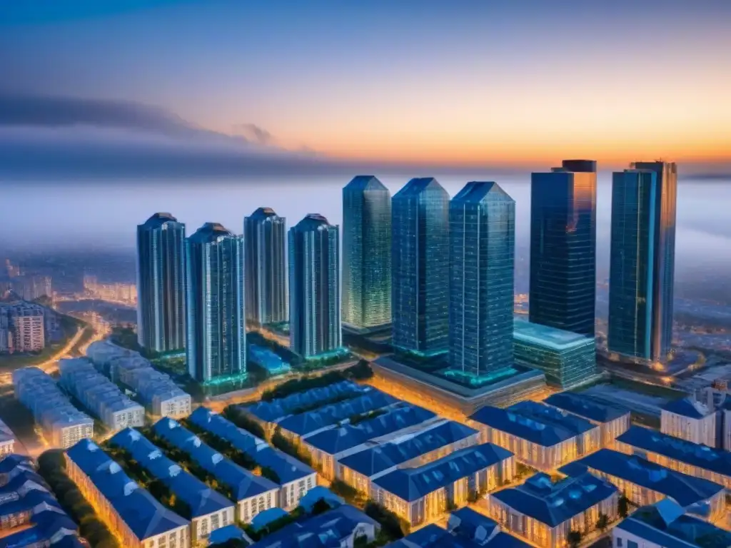 Portafolio inmobiliario: fusión futurista de propiedades Un impresionante paisaje urbano futurista con propiedades inmobiliarias diversas integradas estratégicamente