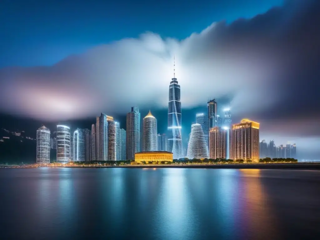 Esplendor urbano: rascacielos iluminados sobre río sereno Impresionante paisaje urbano nocturno con rascacielos iluminados reflejados en un río, simbolizando la prosperidad del mercado inmobiliario