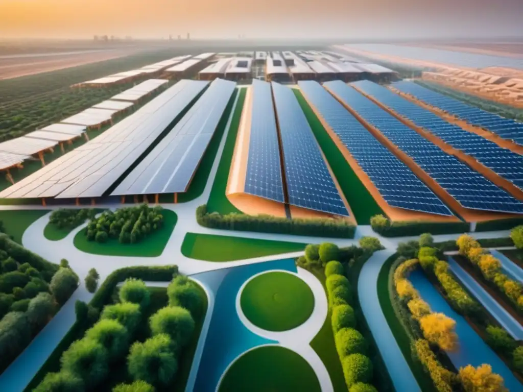 Arquitectura sostenible en Masdar City, Abu Dhabi Un impresionante paisaje urbano sostenible en Masdar City, con arquitectura futurista y paneles solares