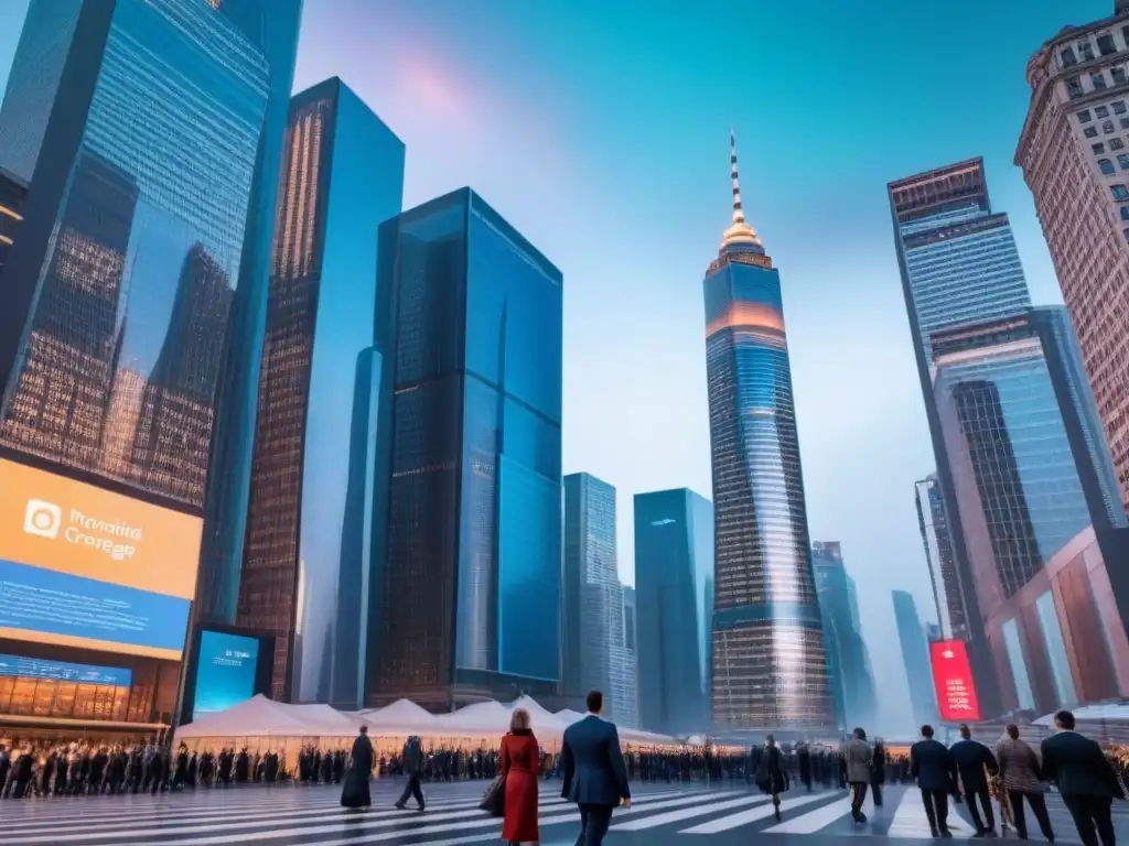 Distrito financiero moderno: innovación y éxito financiero en la ciudad Impresionante panorama de un distrito financiero moderno con rascacielos y profesionales, mostrando datos financieros en pantallas futuristas