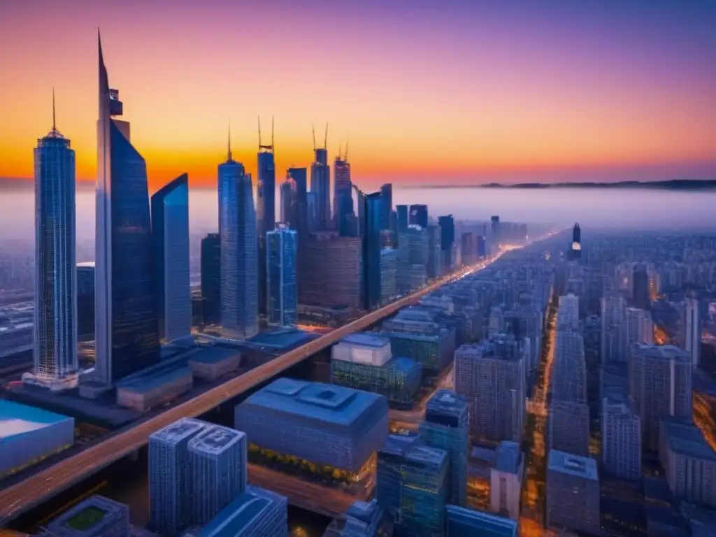 Vibrante skyline urbano en 8k: arquitectura sofisticada y próspera Impresionante panorama urbano con rascacielos modernos en un vibrante atardecer, reflejando un próspero mercado inmobiliario
