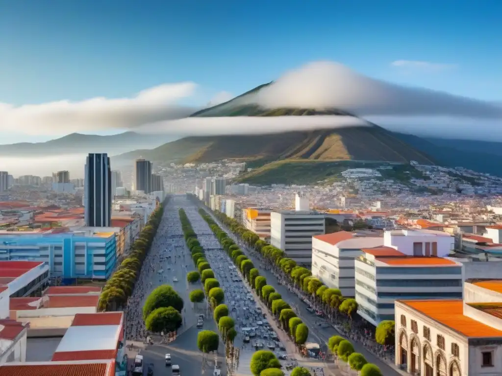 Horizonte urbano en México: progreso y oportunidad Impresionante panorama urbano en México, fusionando rascacielos modernos con arquitectura histórica bajo un cielo azul